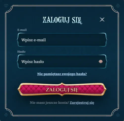 BetAlice casino login – okno Zaloguj się z polami e-mail i hasło oraz linkiem Nie pamiętasz swojego hasła?