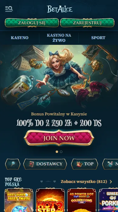 BetAlice Casino Online w telefonie – mobilna strona z banerem bonusu i kategoriami gier
