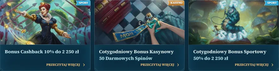 BetAlice Casino – karty promocji: Bonus Cashback 10% do 2 250 zł, Cotygodniowy Bonus Kasynowy 50 darmowych spinów i Cotygodniowy Bonus Sportowy